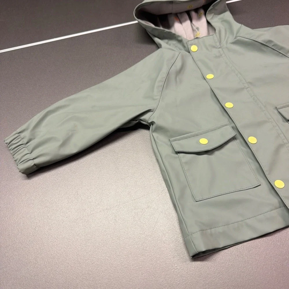 Wonder Nation Baby Raincoat Sage Green Hooded Smiley Face Lining 12M Rain Jacket